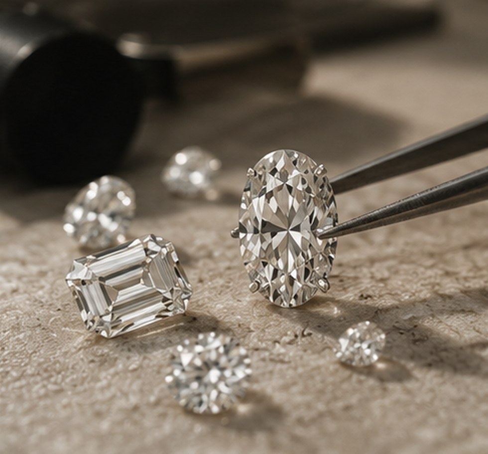 Loose diamonds and tweezers